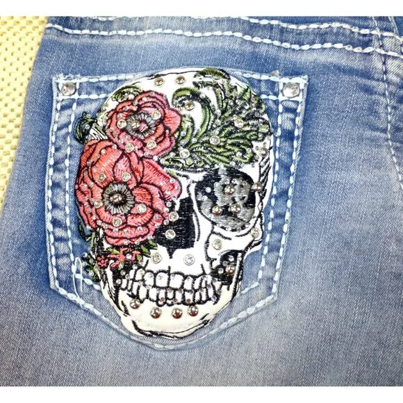Sky Premium Collection Low Rise Flare Embroidered Skull & Floral Denim Jeans 11/ - Picture 11 of 15